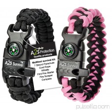 A2S Protection Paracord Bracelet K2-Peak - Survival Gear Kit with Embedded Compass, Fire Starter, Emergency Knife & Whistle Black / Pink 7.5